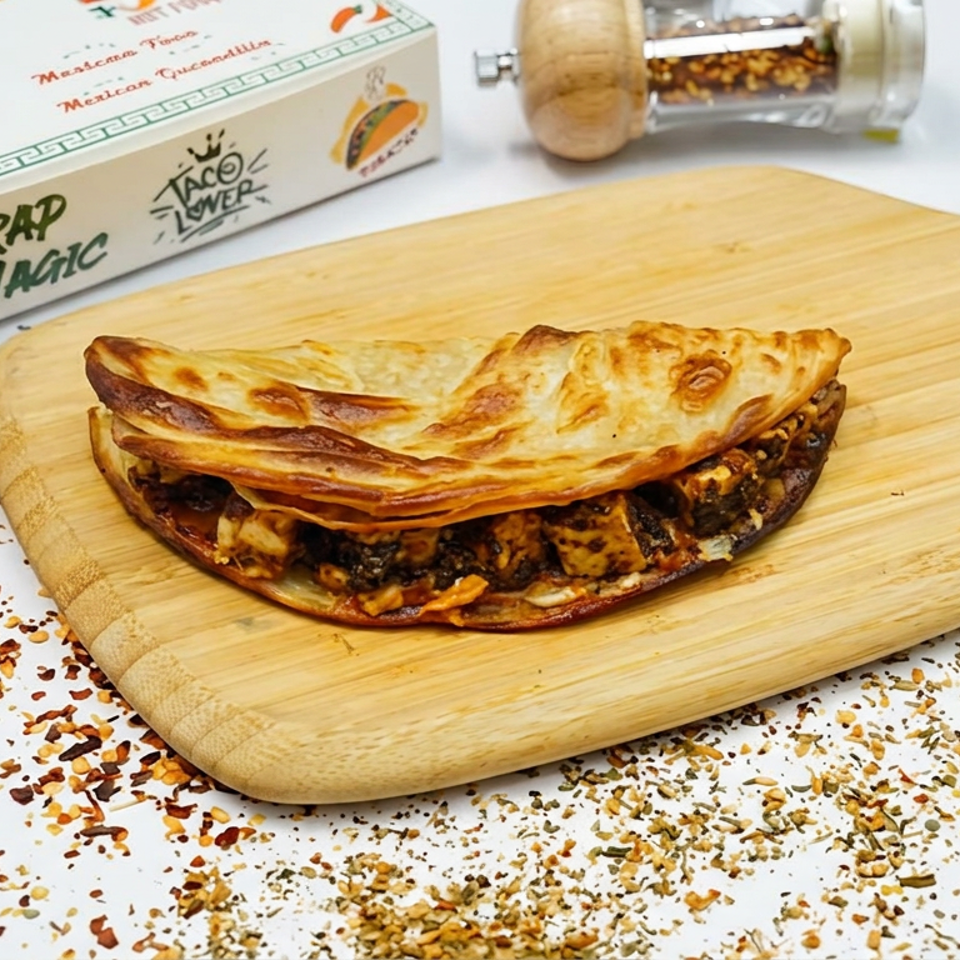Golden folded taco filled with grilled meat and vegetables on a wooden serving board, surrounded by scattered spices and Taco Lover packaging.