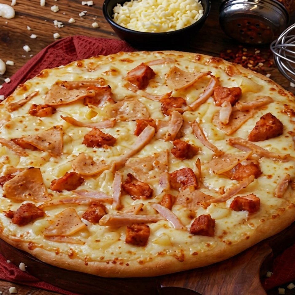 Cheesy pizza topped with sliced ham and sausage sits on a red cloth over a rustic wooden table with scattered cheese and kitchen utensils.