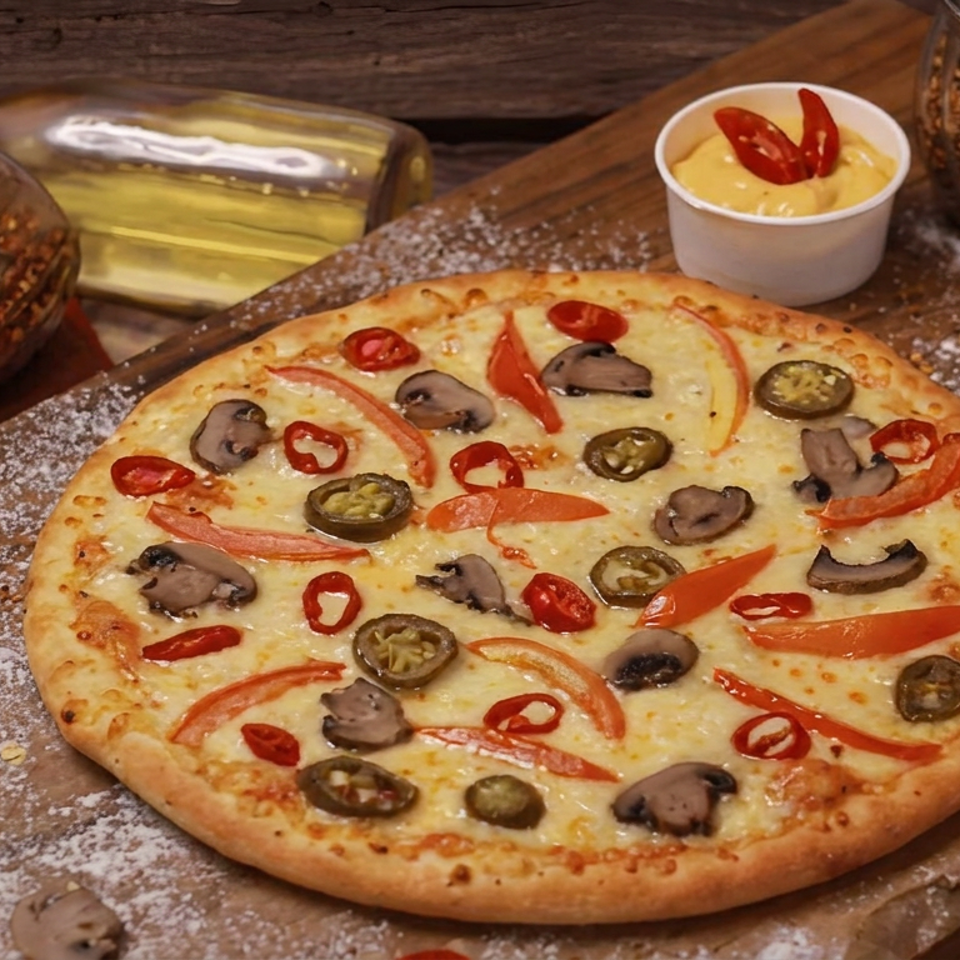 Vegetable pizza topped with mushrooms, red peppers, and jalapeños on a flour-dusted wooden board with dipping sauce.