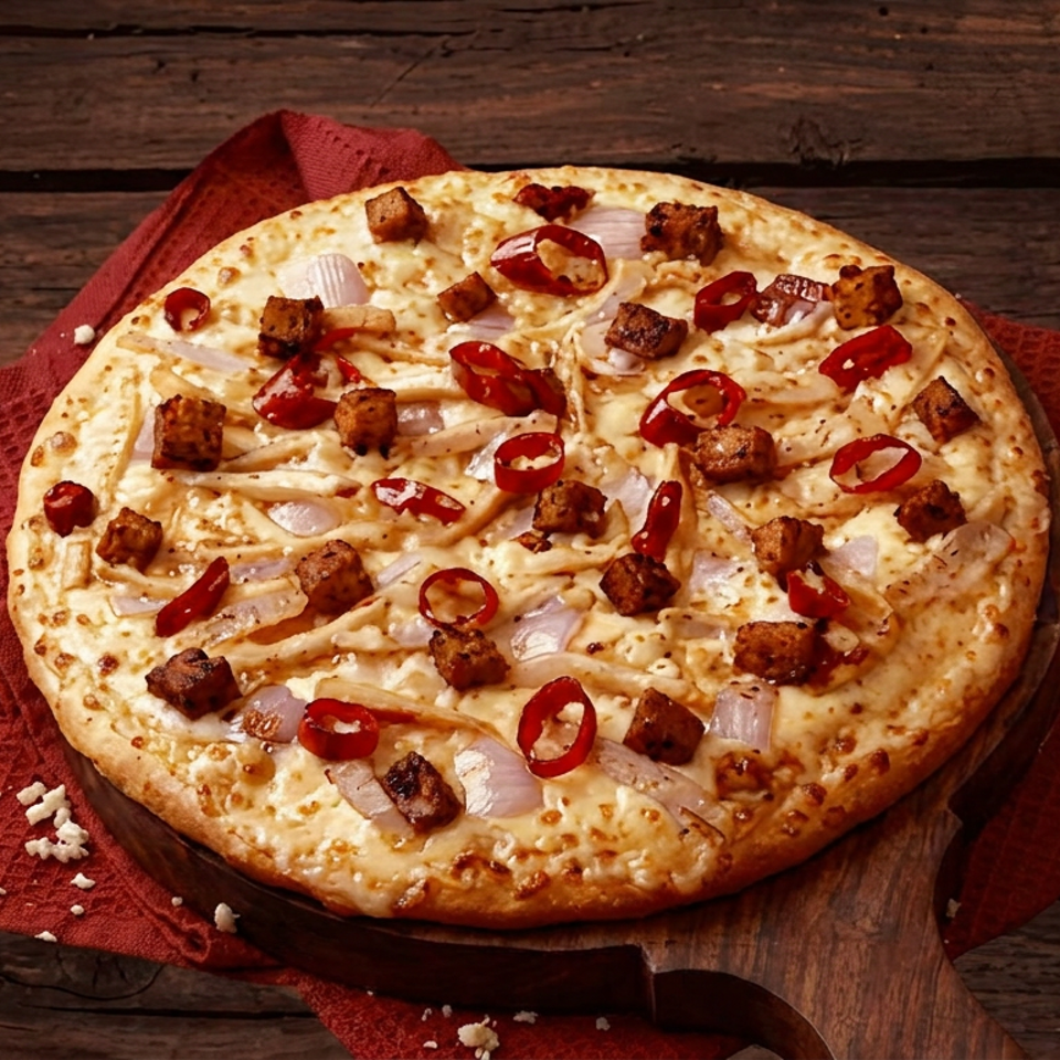 Round Indian-style pizza topped with red chili slices, onions, and spiced paneer cubes on a wooden board.