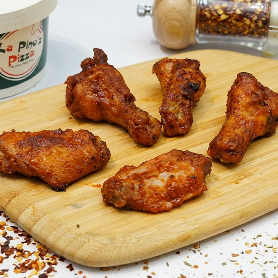 Five crispy seasoned chicken wings arranged on a wooden serving board beside a La Pino'z Pizza container and scattered chili flakes.