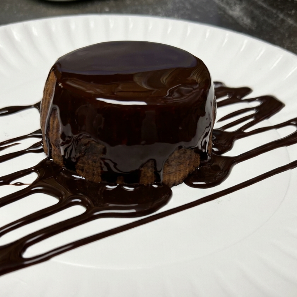 Chocolate-covered dessert cake drizzled with chocolate sauce on a white plate.