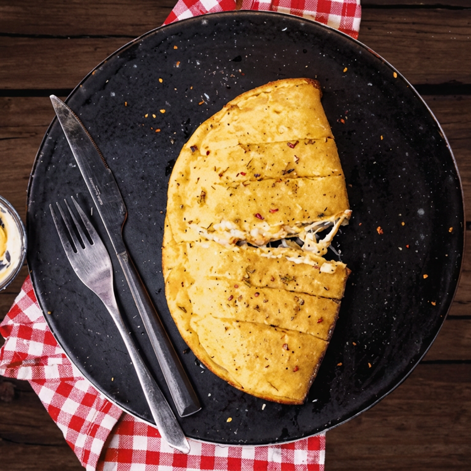 Overhead view of a folded, herb-seasoned stuffed flatbread on a black plate with dipping sauce, utensils, and checkered napkin.