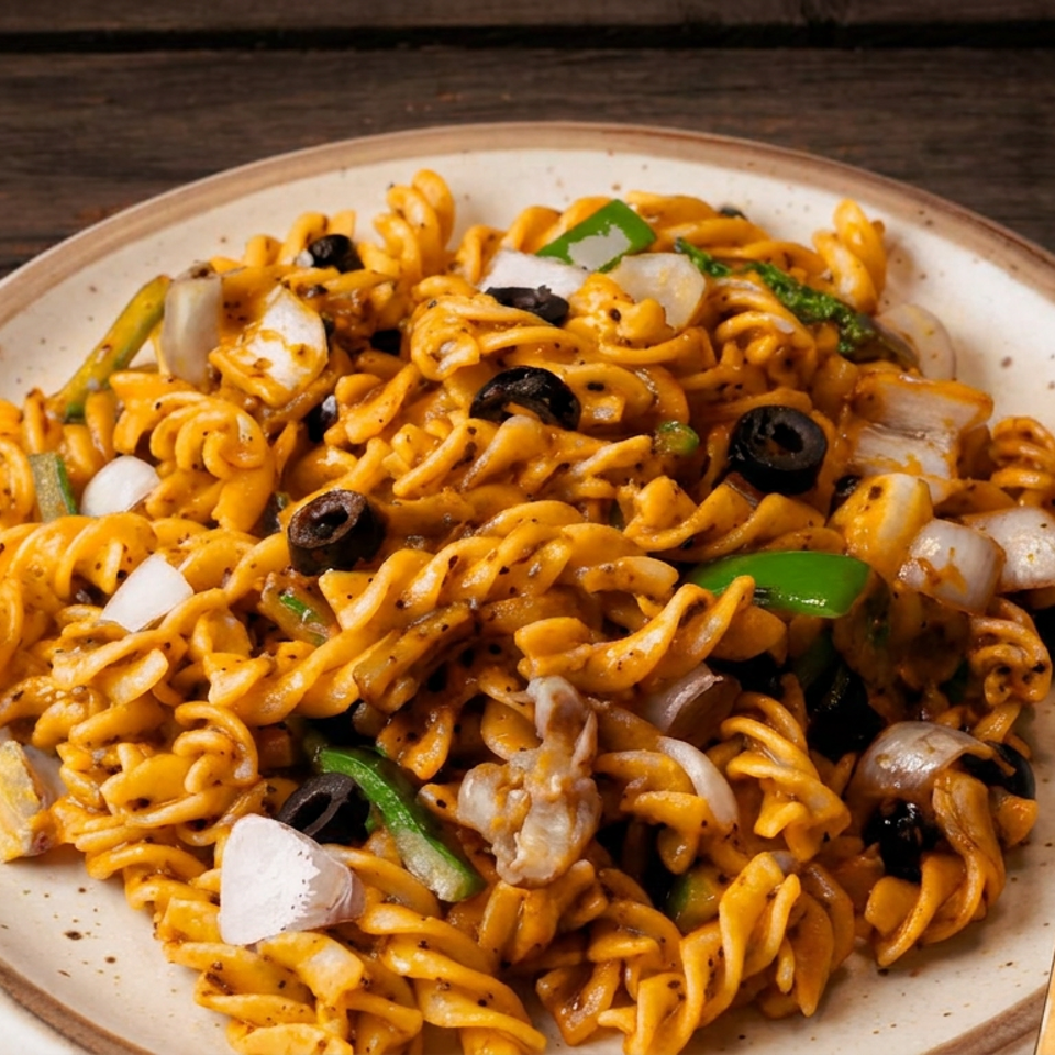 Plate of rotini pasta in orange sauce with onions, green peppers, black olives, and mushrooms, served with a fork.