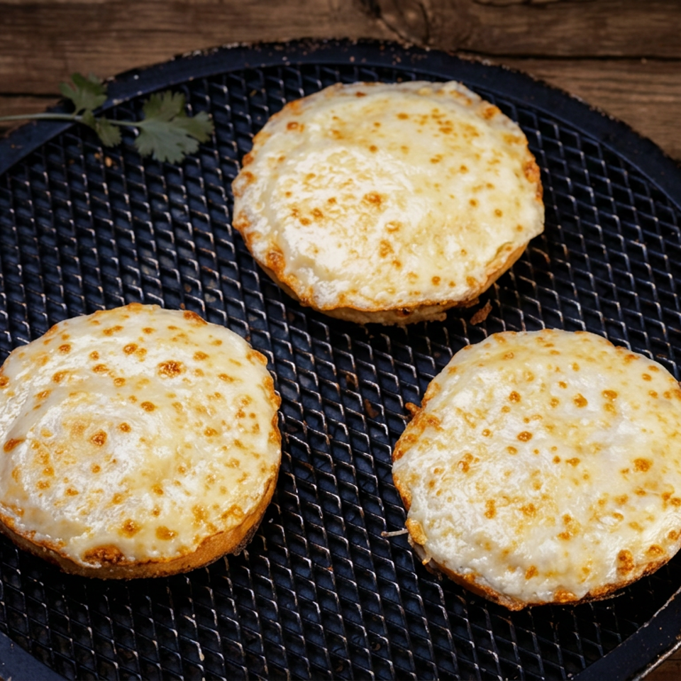 Three golden-brown cheese-topped pastries arranged on a black wire serving tray over a rustic wooden table.