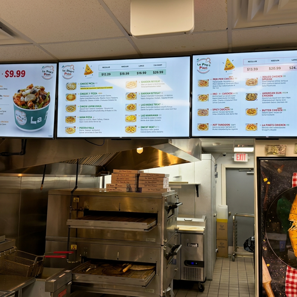 Restaurant kitchen counter with digital pasta and pizza menus, cooking equipment, stacked boxes, and a large plated calzone poster.