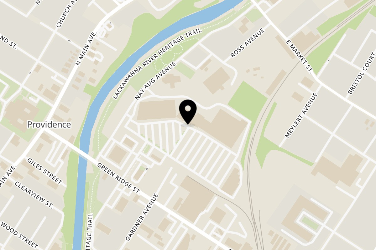 Map showing the location of La Pino'z Pizza Scranton on 1610 Nay Aug Ave Ste 6 in Scranton